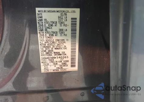 2006 Nissan Titan Se из США, поврежденный, VIN 1N6AA07A86N540365